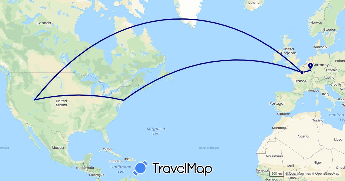 TravelMap itinerary: driving in France, Luxembourg, United States (Europe, North America)